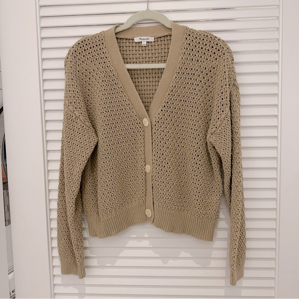 Madewell Beige Open-Knit V-Neck Button Cardigan
